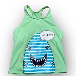 Lands’ End, Swim Tankini Top “Jaw-some” Striped Shark Screenprint, Girls 16